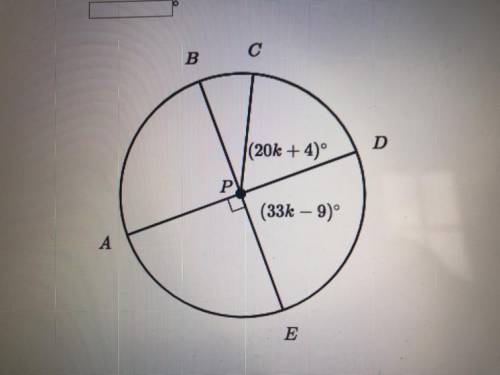 In the figure below, AD and BE are diameters of circle P. What is the arc measure of CD in degrees?