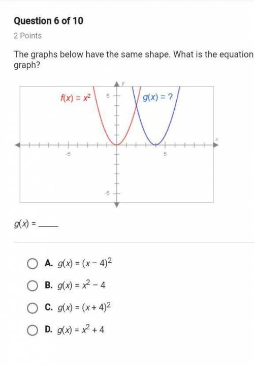 The graphs below have the same shape. what is the equation of the blue graph