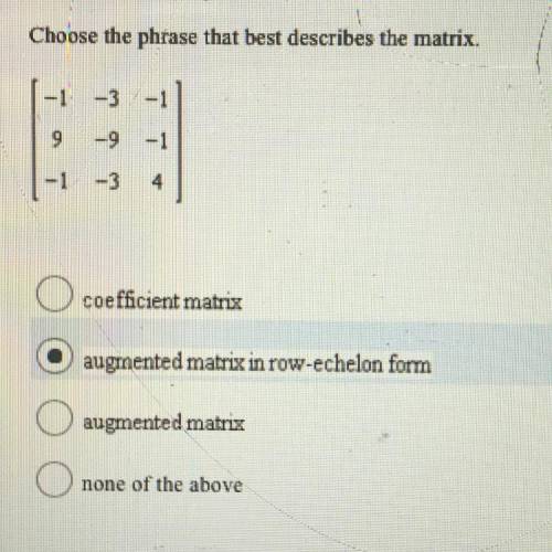 Choose the phrase that best describes the matrix. coefficient matrix augmented matrix in row-echelon