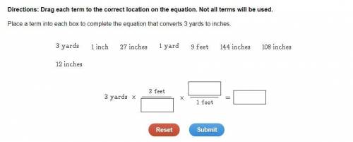 Place a term into each box to complete the equation that converts 3 yards to inches.