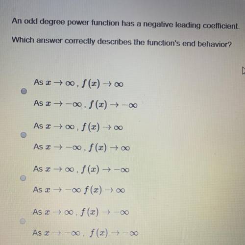 An odd degree power function has a negative leading coefficient. Which answer correctly describes th