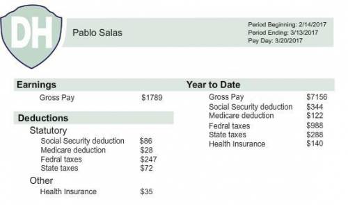 Study this portion of Pablo's pay stub and answer the following question.Pablo calculates his net pa