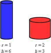 Which right circular cylinder has the greater volume? A. The red cylinder. B. The blue cylinder. C.