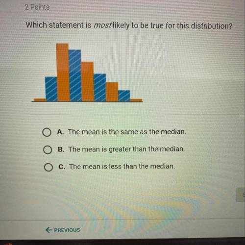 Which statement is most likely to be true for this distribution?