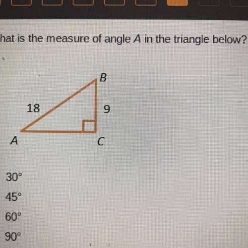 What is the measure of angle A in the triangle below? PLEASE HELP ITS TIMED:(