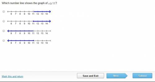 Which number line shows the graph of x greater-than-or-equal-to 11?