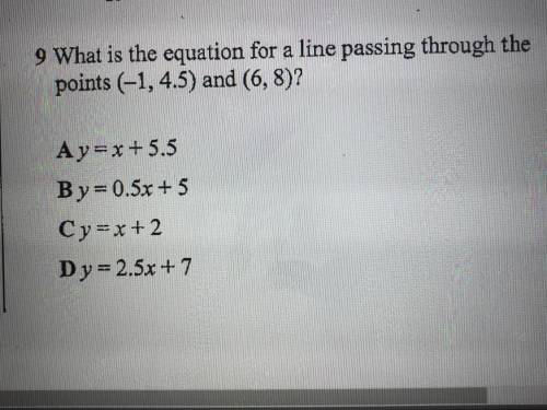 What’s the equation for a line passing through points (-1, 4.5) and (6, 8)?