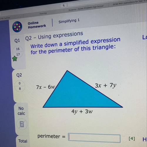 Write down a simplified expression for the perimeter of this triangle: