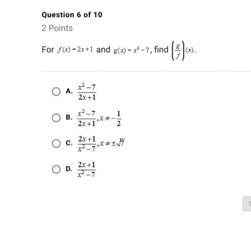 For f(x)=2x+1 and g(x)=x^2-7, find (f/g)(x)