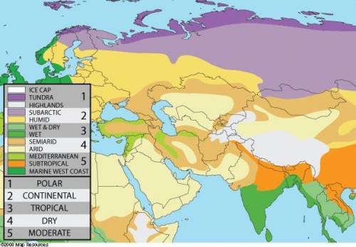 Review the Climate Map and determine which area is least likely to have a large population? -polar -