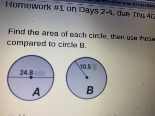 Find the area of each circle, then use those answers to calculate how much more area circle A has co
