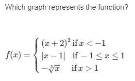 PLEASE HELP!! Which graph represents the function? f(x) =⎧⎩⎨⎪⎪⎪⎪(x+2)^2 if x < −1 |x−1| if −1 ≤ x