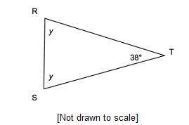 In isosceles triangle RST below, what is the value of y?Triangle R S T. Angle T is 38 degrees and an