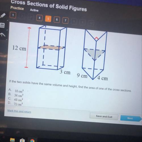 If the two solids have the same volume and height, find the area of one of the cross sections