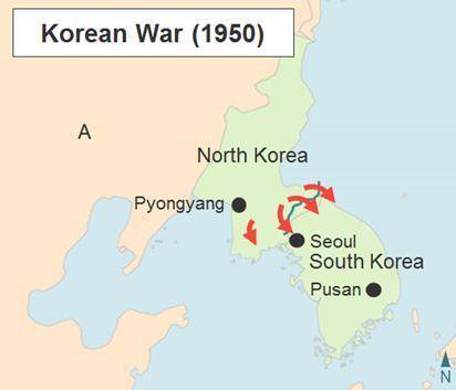 Use the map to finish these sentences. 1. The Korean War began when _______ (North Korean forces, UN