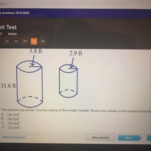 Find the volume of the smaller cylinder