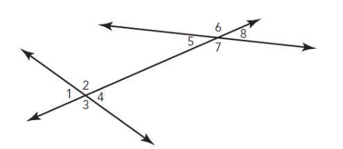 Which angles are vertical angles in the figure shown? Select two answers. A. ∠1 and ∠2 B. ∠2 and ∠3