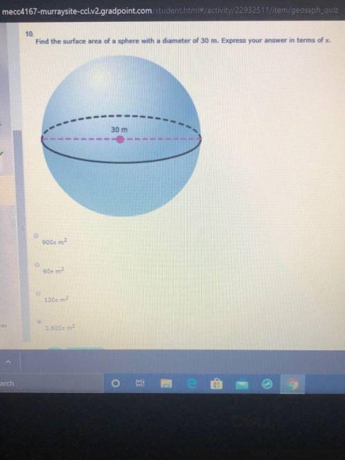 Find the surface area of a sphere with a diameter of 30 m. Express your answer in terms of π. 900π m