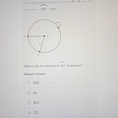 In the figure below, the radius of circle P is 10 units. The arc length of ABC is 16 pi. What is the