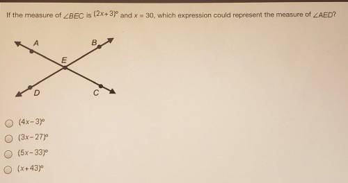 If the measure of <BEC is (2x+3)° and x=30, which expression could represent the measure of <A