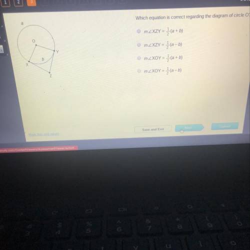 Which equation is correct regarding the diagram of circle O? em ZXZY = {(a+b) em ZXZY = {(a-b) ©m ZX