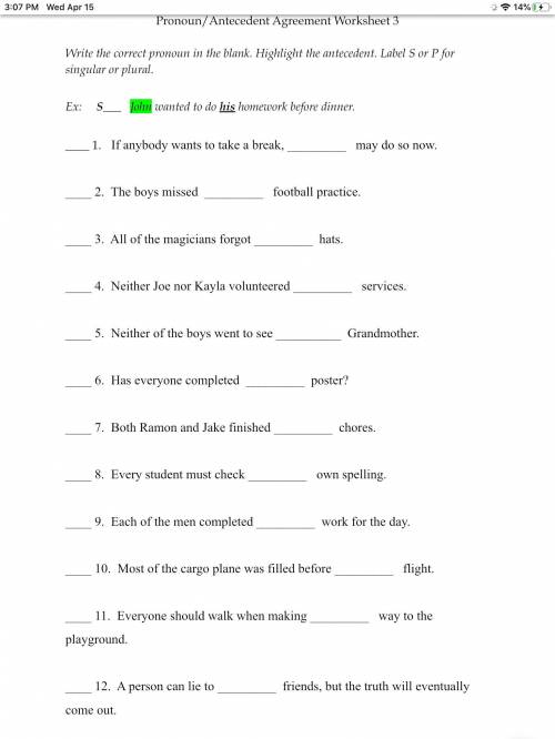 Need help asap!! Pronoun antecedent agreement sheet