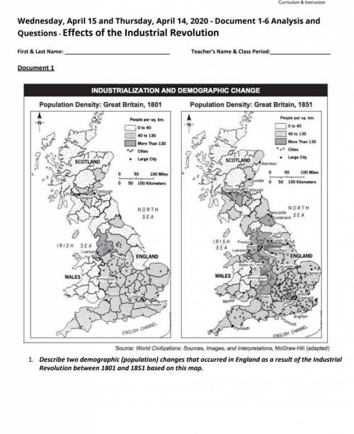 Describe two demographic (population) changes that occurred in england as a result of the industrial