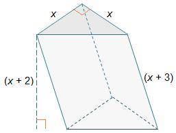 The oblique prism below has an isosceles right triangle base.An oblique right triangular prism is sh