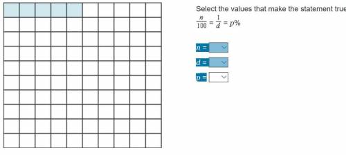 Fraction-Decimal-Percent EquivalentsSelect the values that make the statement true.n = ___d = ___p =