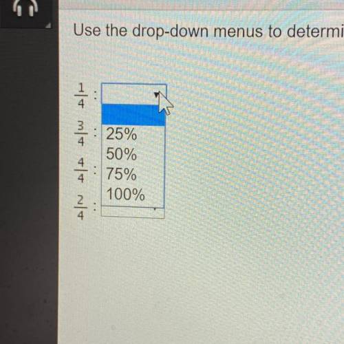 Use the drop-down menus to determine which percentage is equal to each fraction.