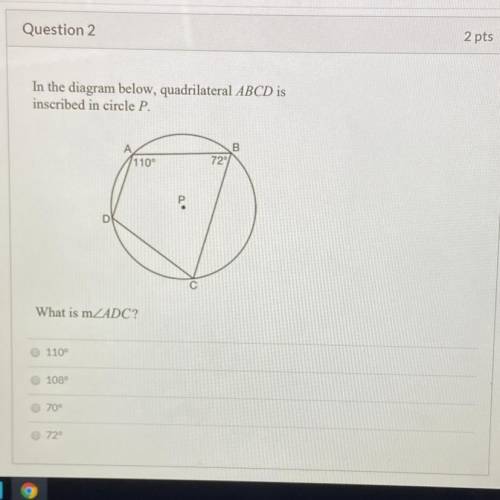 In the diagram below, quadrilateral ABCD is inscribed in a circle. What is the measure of angle D?