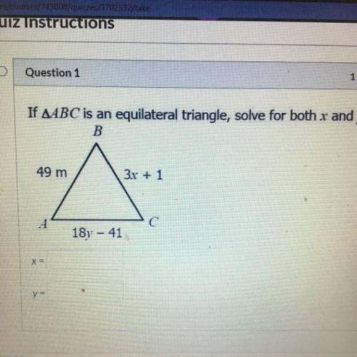 If ABC Is an equilateral triangle, solve for both x and y