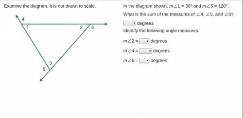 Examine the diagram. It is not drawn to scale. A triangle has angles 1, 2, 3. The exterior angle to