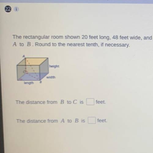 Rectangular room shown 20 feet long, 48 feet wide, and 10 feet tall. Use the Pythagorean theorem to