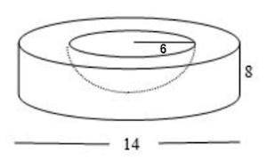 A child’s bowl is in the shape of a cylinder with a hemisphere cut out. The dimensions are shown. Th