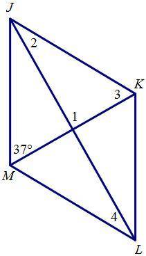 Given that JKLM is a rhombus, find m angle 3.A. 18.5° B. 37° C. 53° D. 71.5°