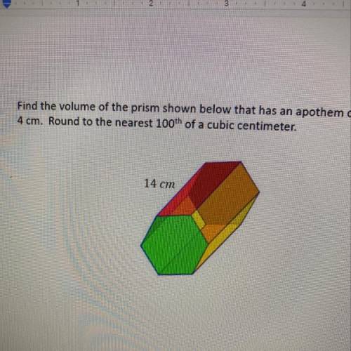 Find the value of the prism below that has an apothem of 4cm. Round to the nearest 100th of a cubic