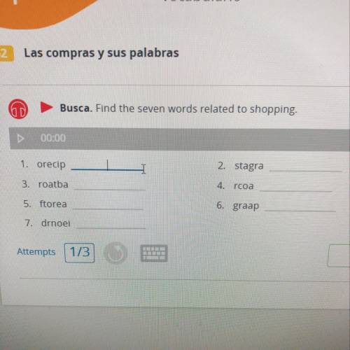 Find the seven words to shopping. Spanish scramble