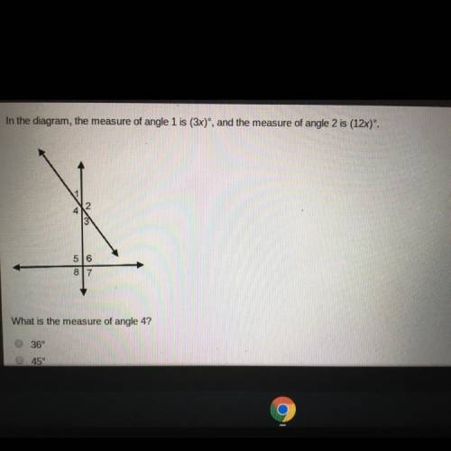 In the diagram, the measure of angle 1 is (3x), and the measure of angle 2 is (12x) 817 What is the