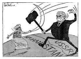 This political cartoon was published in 1980. A cartoon shows Leonid Brezhnev, wielding a hammer, at