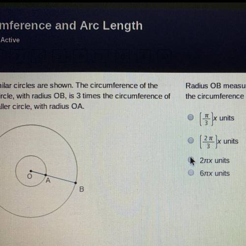 Two similar circles are shown. The circumference of the larger circle, with radius OB, is 3 times th