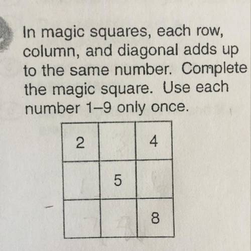 In magic squares, each row, column, and diagonal adds up to the same number. Complete the magic squa