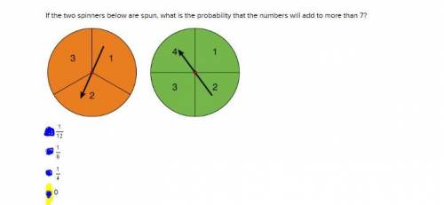 If the two spinners below are spun, what is the probability that the numbers will add to more than 7