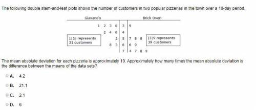 The following double stem-and-leaf plots shows the number of customers in two popular pizzerias in t