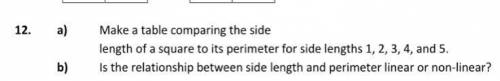 How do I make a table comparing the side length of a square to its perimeter for side lengths 1,2,3,