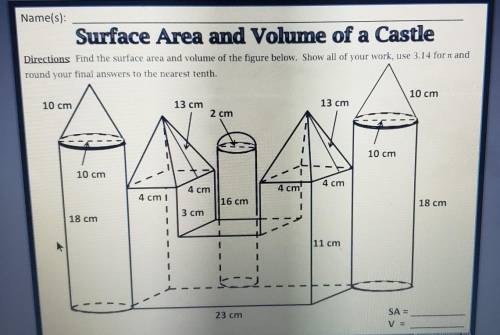 Directions Find the surface area and volume of the figure below. Show all of your work, use 3.14 for