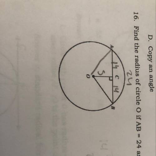 Find the radius of circle if AB = 24 and OC = 5