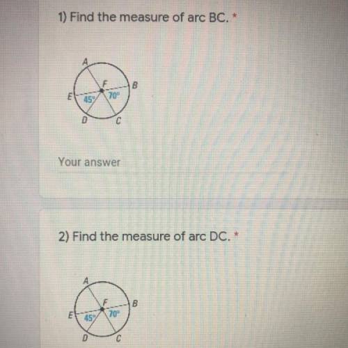 1) Find the measure of arc BC and DC