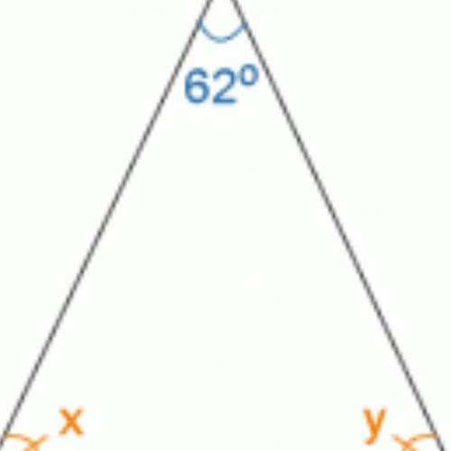 For this isosceles triangle, find the measure of angles x and y. angle x = o and angle y = o