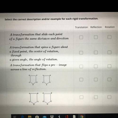 Select the correct description and/or example for each rigid transformation